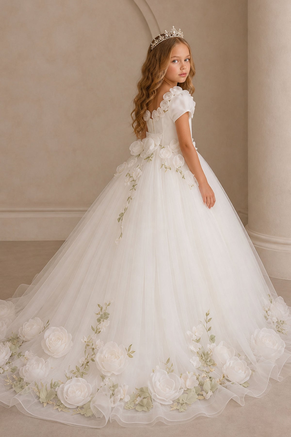 Girls White 3D Rose Floral Applique Puff Sleeve Ball Gown - Front Full Length View