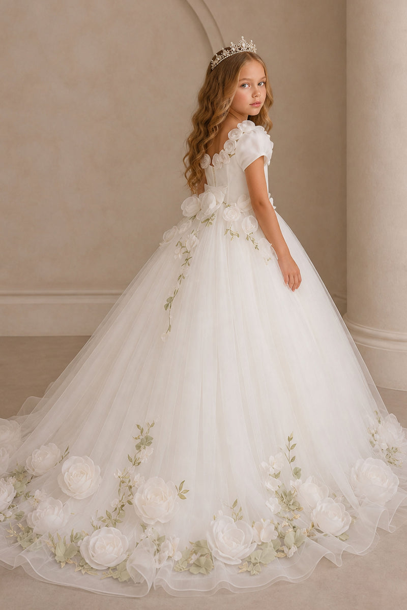 Girls White 3D Rose Floral Applique Puff Sleeve Ball Gown - Front Full Length View
