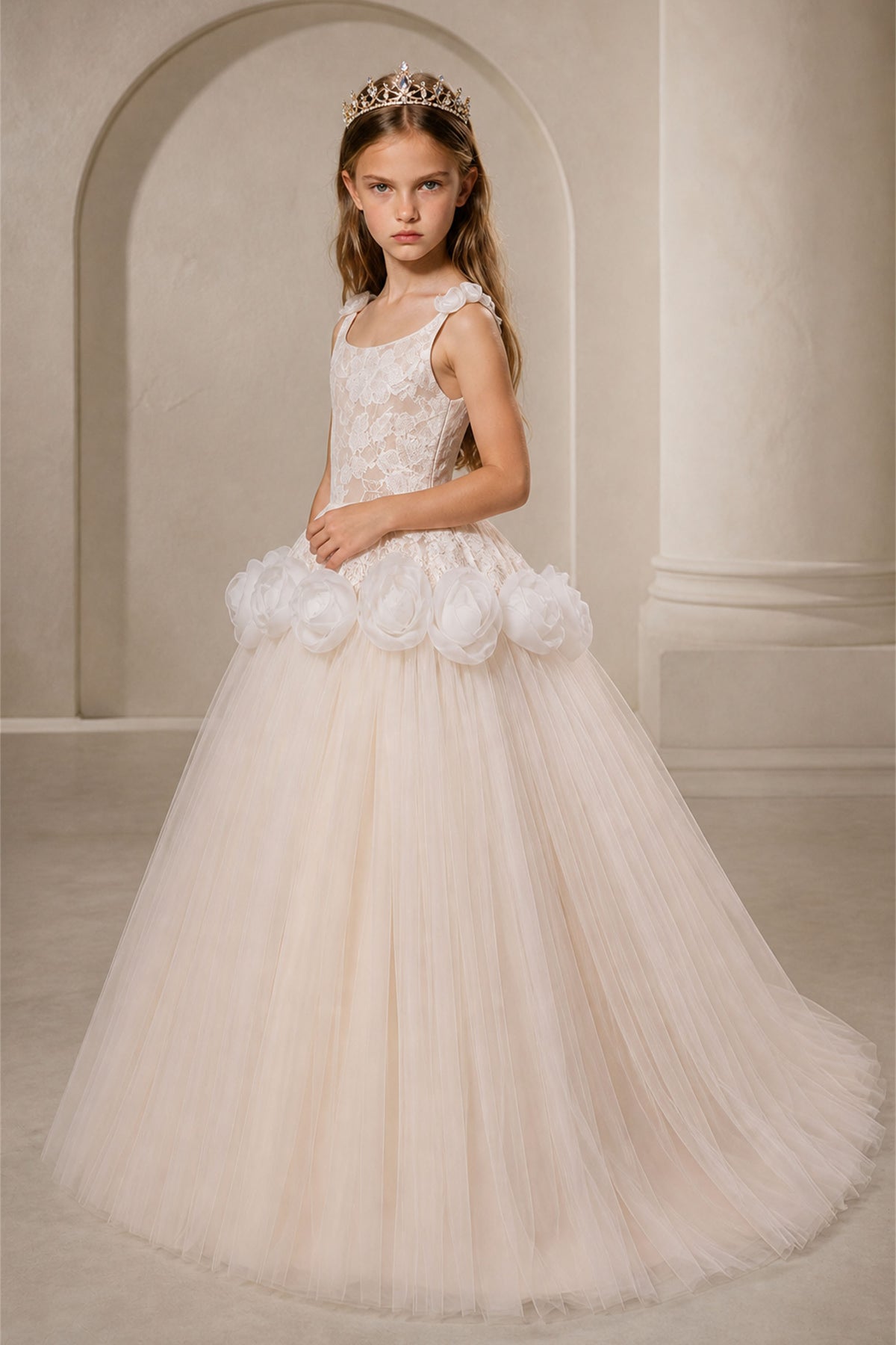 Girls Ivory Sequin Lace Sleeveless Ball Gown - Front Full Length View Showing Train