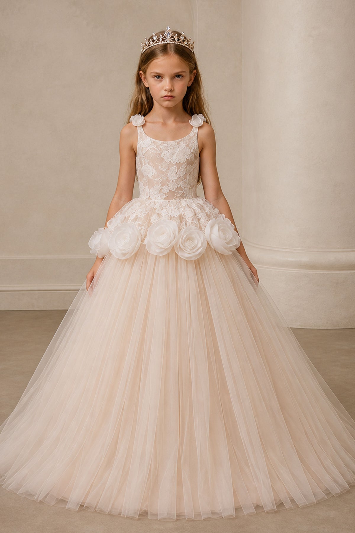 Girls Ivory Sequin Lace Sleeveless Ball Gown - Front Full Length Close Up View