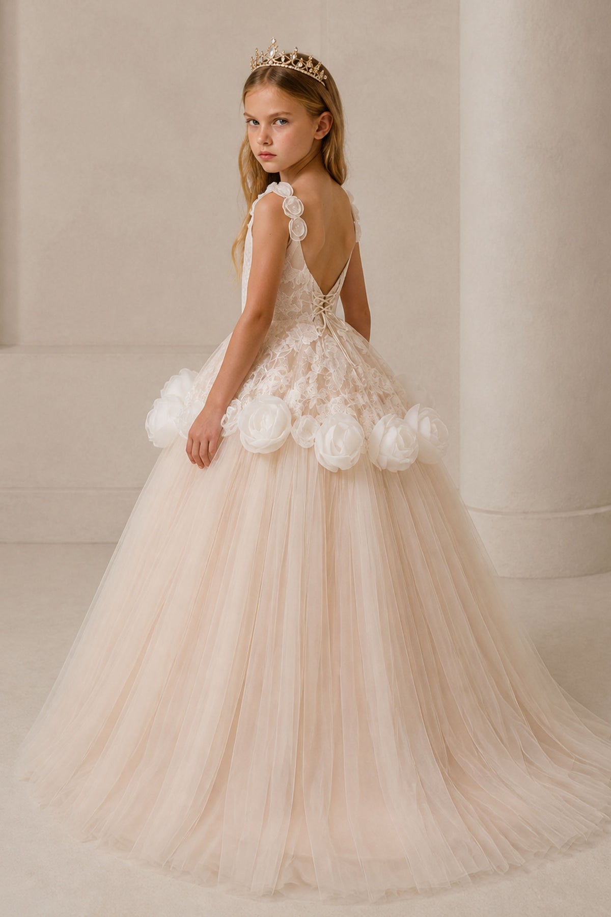 Girls Ivory Sequin Lace Sleeveless Ball Gown - Back Side View Lace-Up Open Back and 3D Rose Waist
