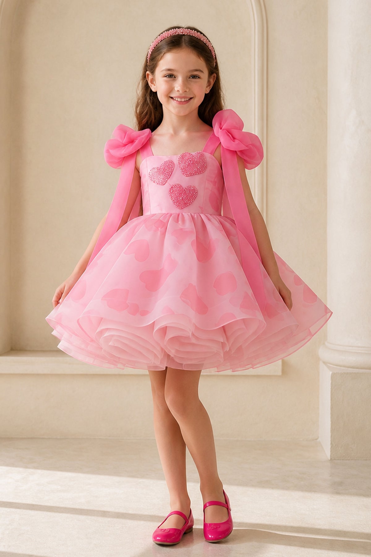 Girls Pink Heart Rhinestone Organza Sleeveless Dress - Back Side View Open Back Bow and Ribbon