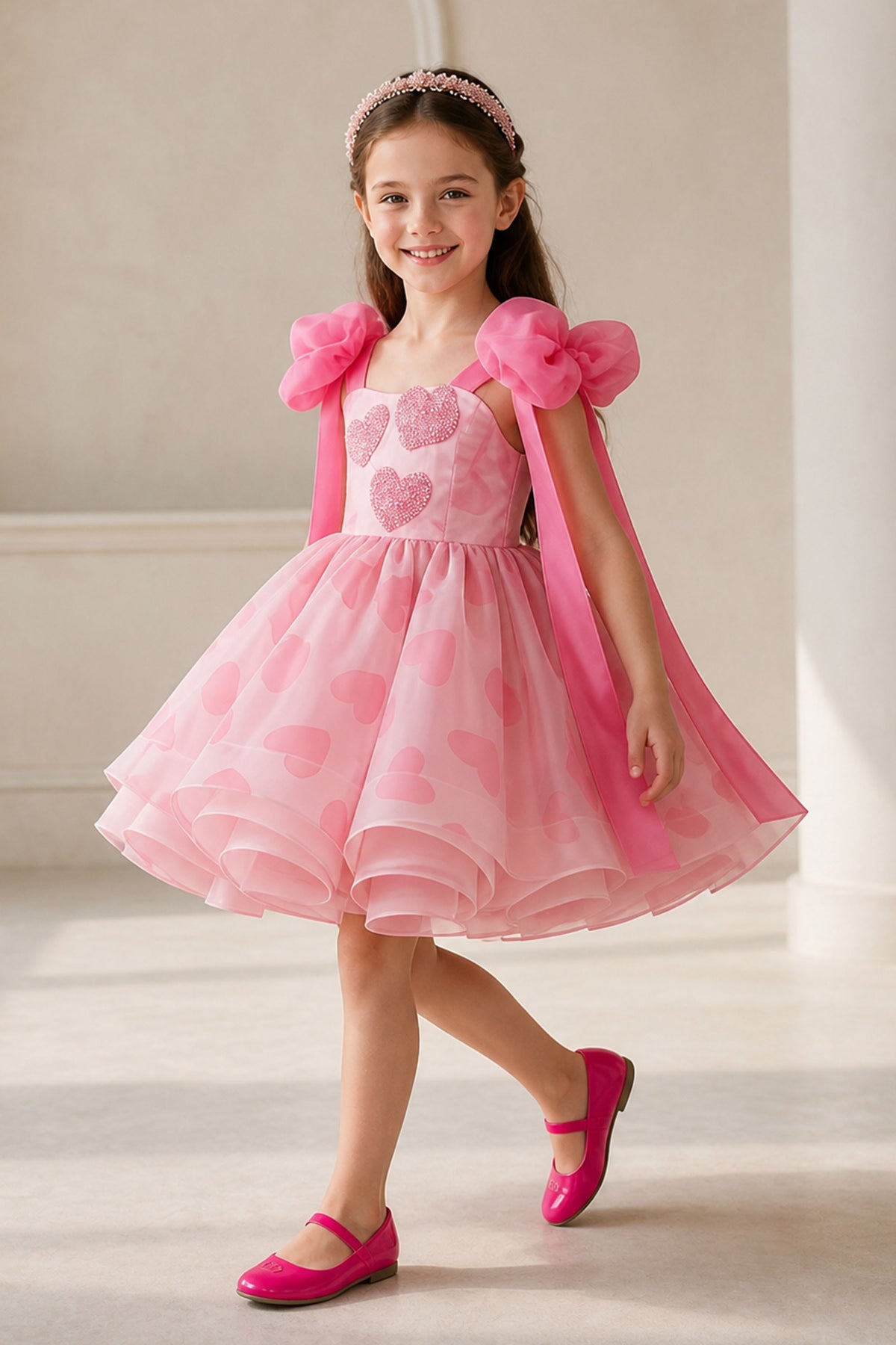 Girls Pink Heart Rhinestone Organza Sleeveless Dress - Front Full Length View