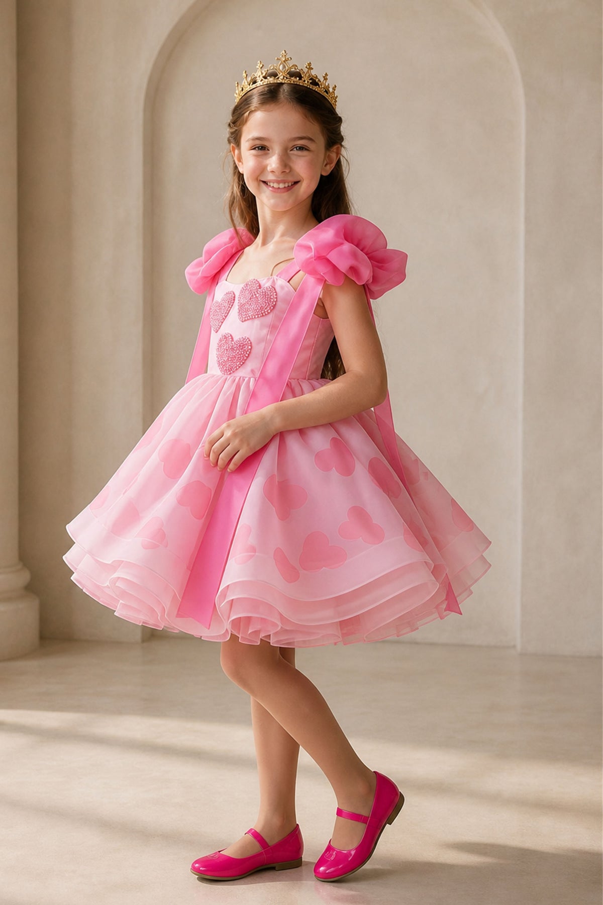 Girls Pink Heart Rhinestone Organza Sleeveless Dress - Front Dynamic Pose Showing Skirt