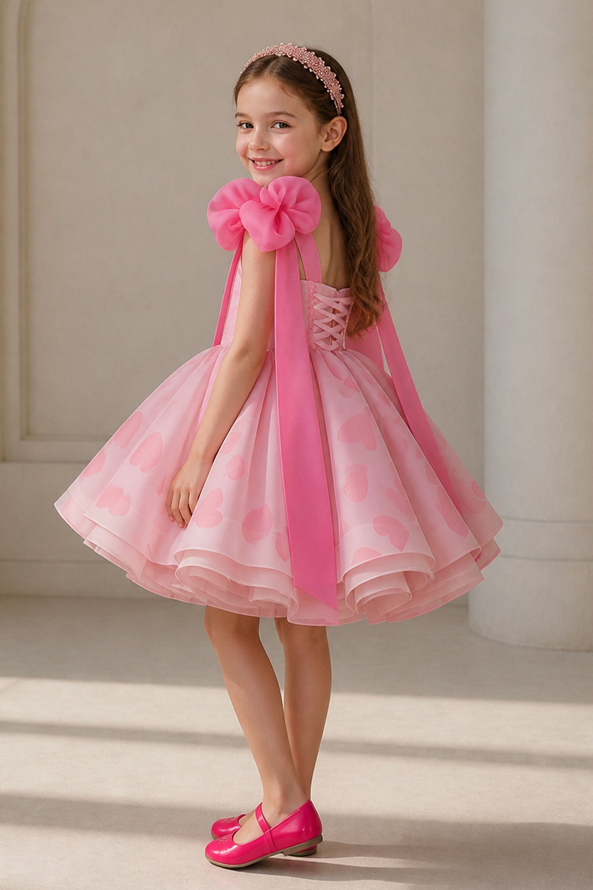 Girls Pink Heart Rhinestone Organza Sleeveless Dress - Front View with Ribbon Streamers