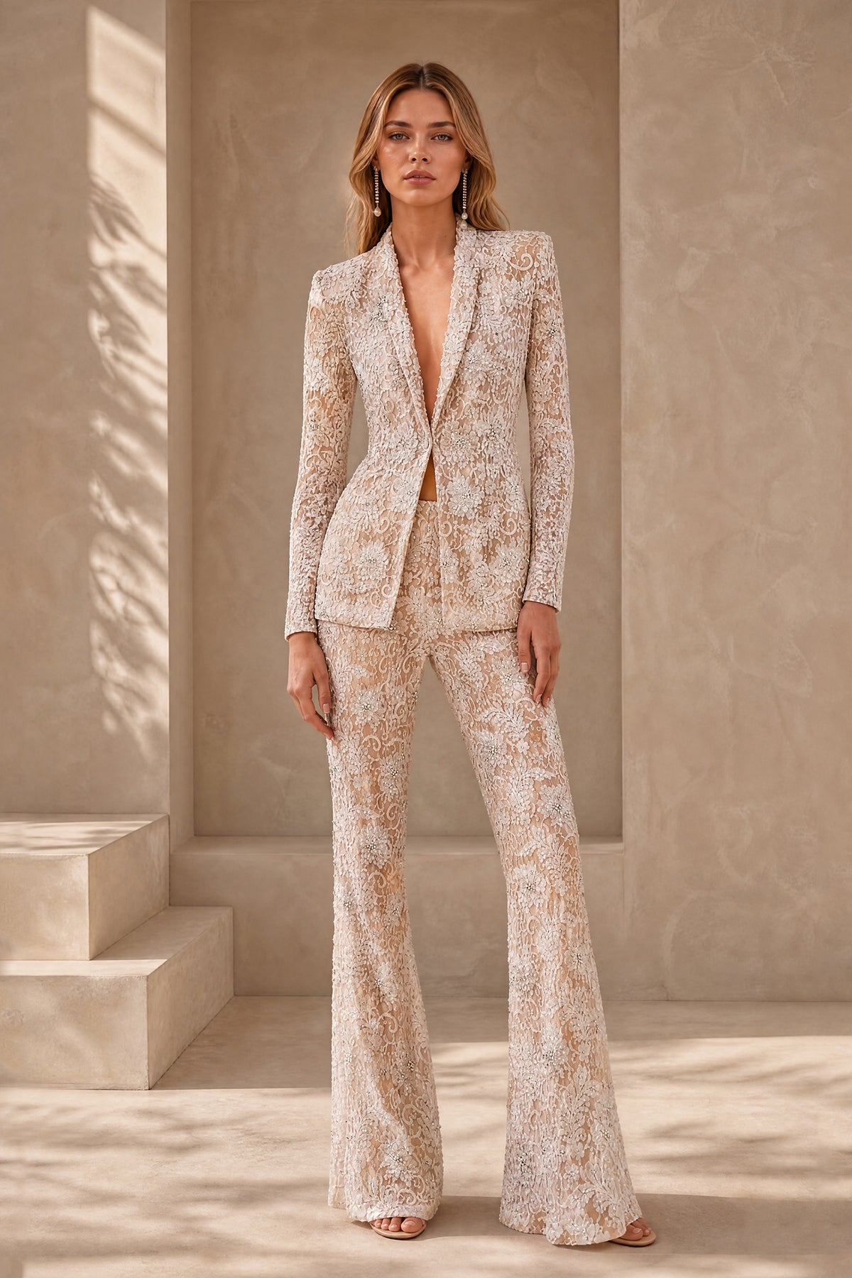 BOLODOO champagne lace blazer and flared pants suit closed back view