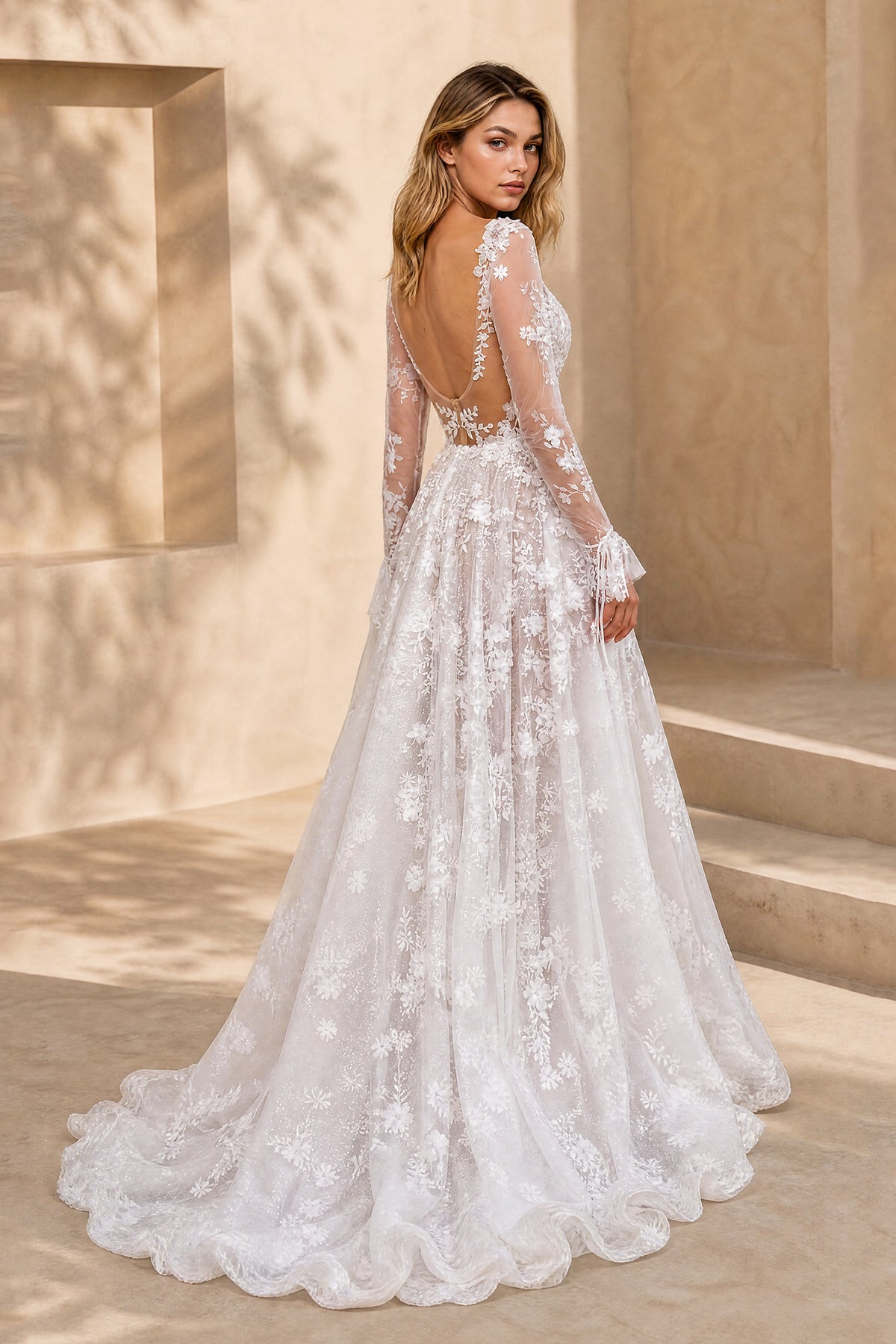 BOLODOO white floral lace wedding dress with low open back and sweep train