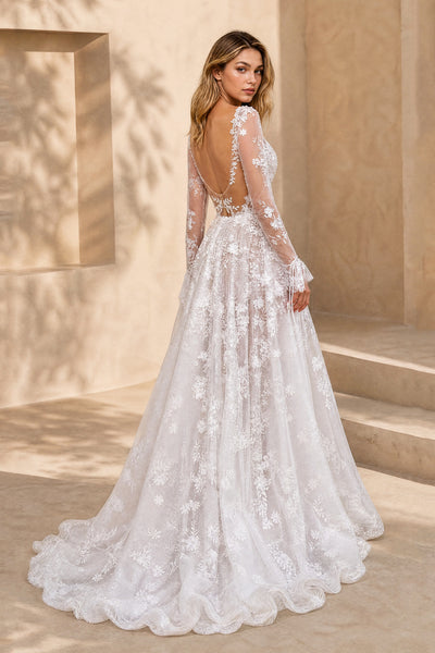 BOLODOO white floral lace wedding dress with low open back and sweep train