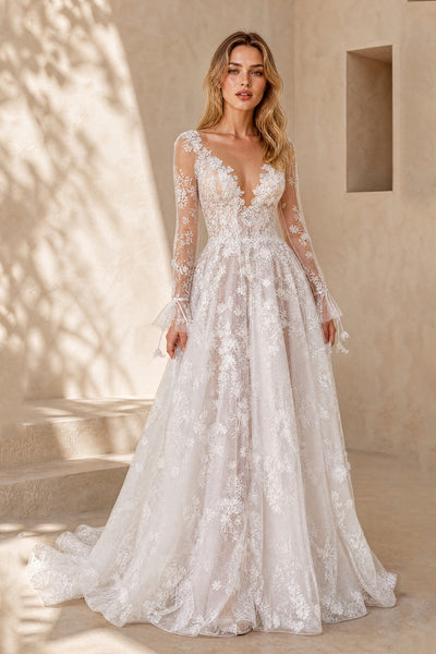 White deep V-neck floral lace bridal gown with sheer long sleeves and floor length skirt