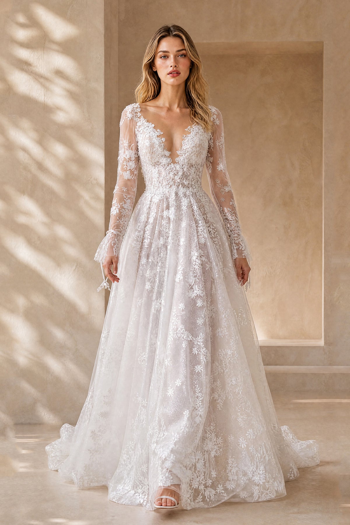BOLODOO white floral lace long sleeve A-line wedding dress front view