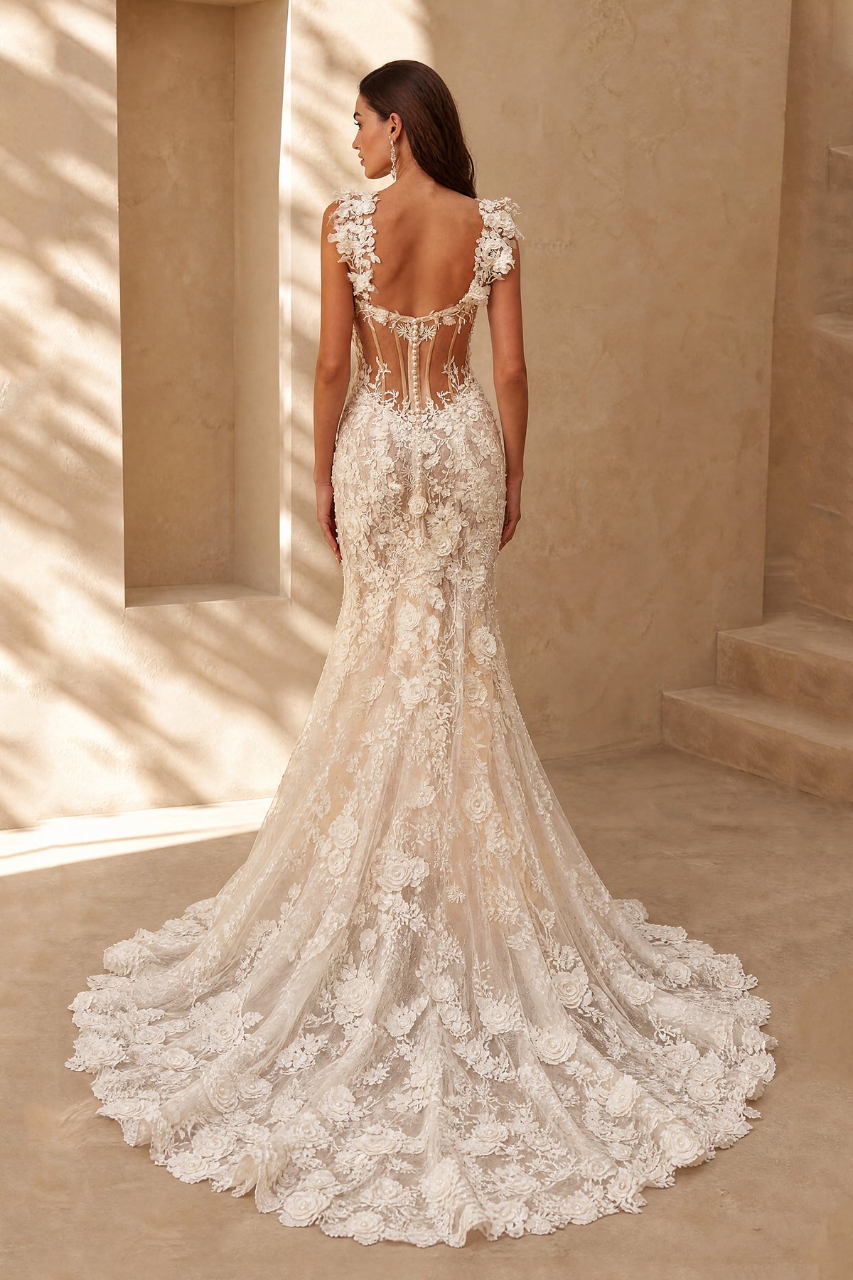 BOLODOO white floral lace mermaid wedding dress with low open back and train