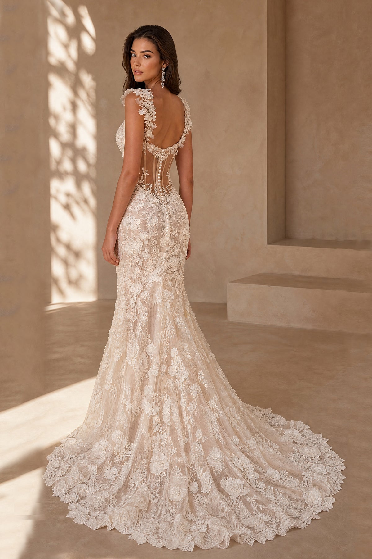 White sleeveless floral lace mermaid bridal gown with sweetheart neckline and high front slit