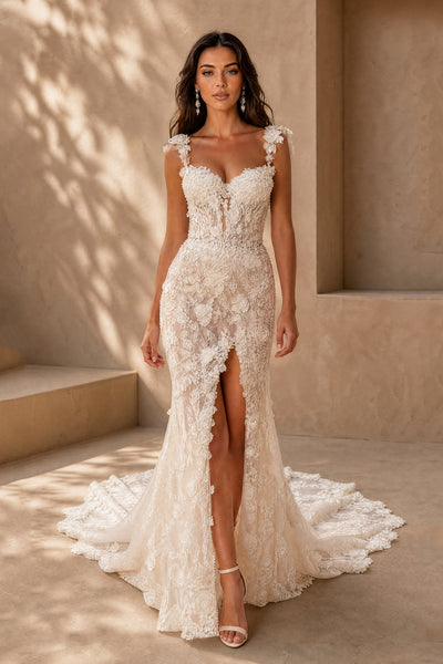 BOLODOO white floral lace backless mermaid wedding dress with thigh high slit front view
