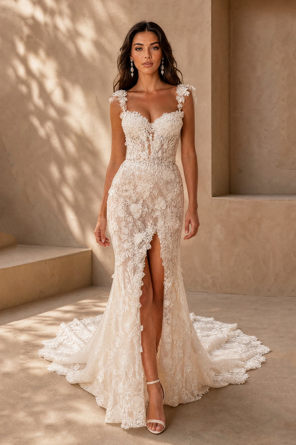 BOLODOO white floral lace backless mermaid wedding dress with thigh high slit front view