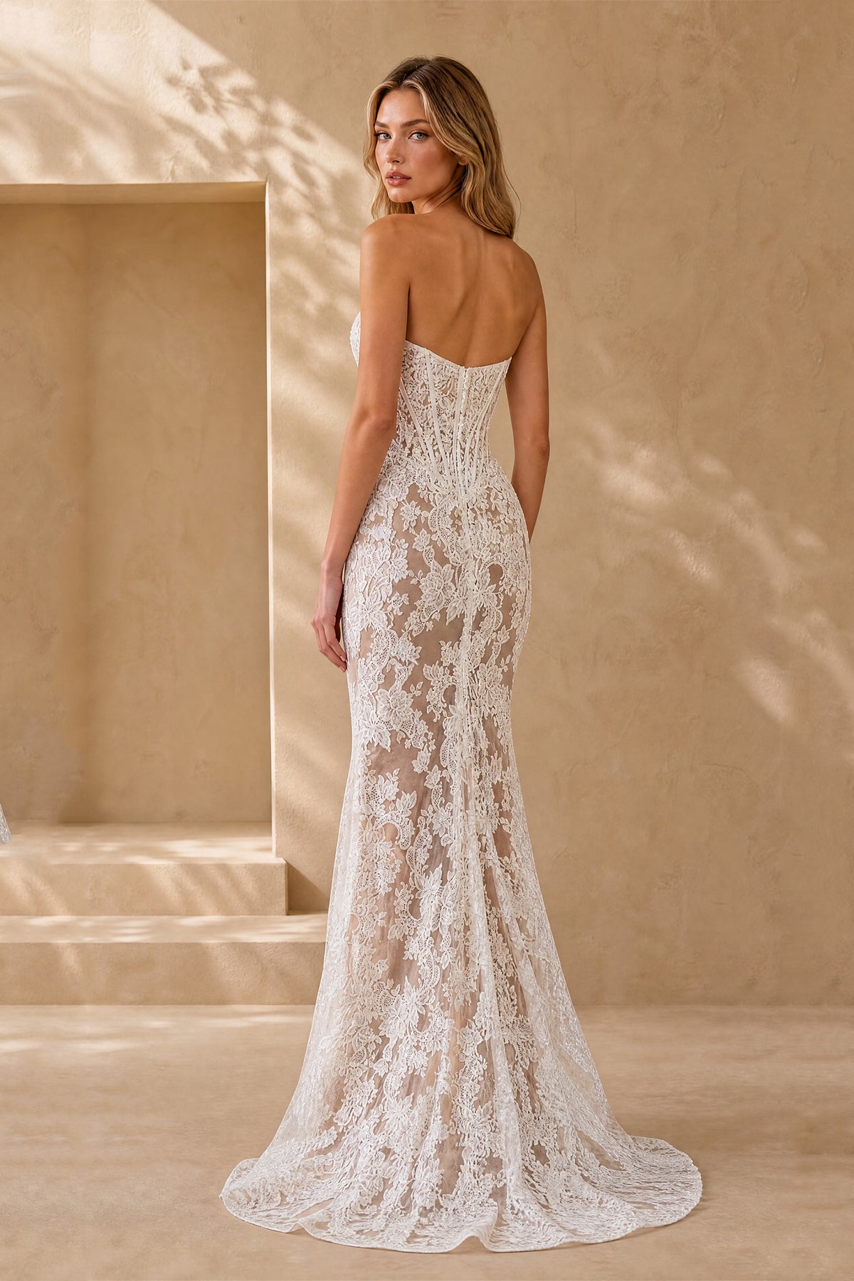 BOLODOO ivory strapless floral lace corset mermaid wedding dress front view