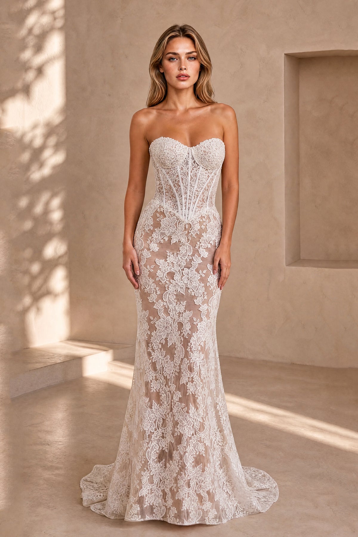 BOLODOO ivory embroidered lace backless mermaid wedding gown rear view