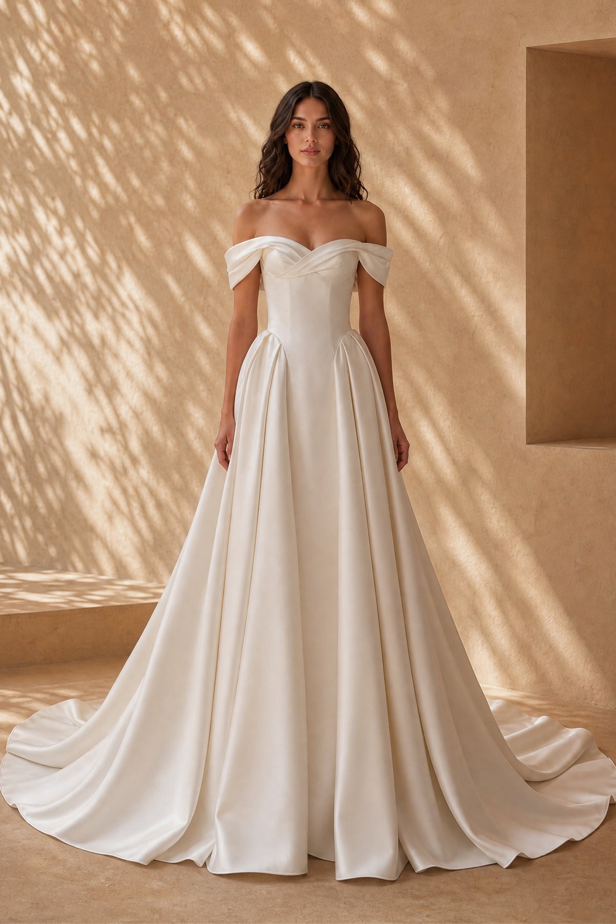 BOLODOO ivory satin off shoulder A-line wedding dress with cathedral train front view