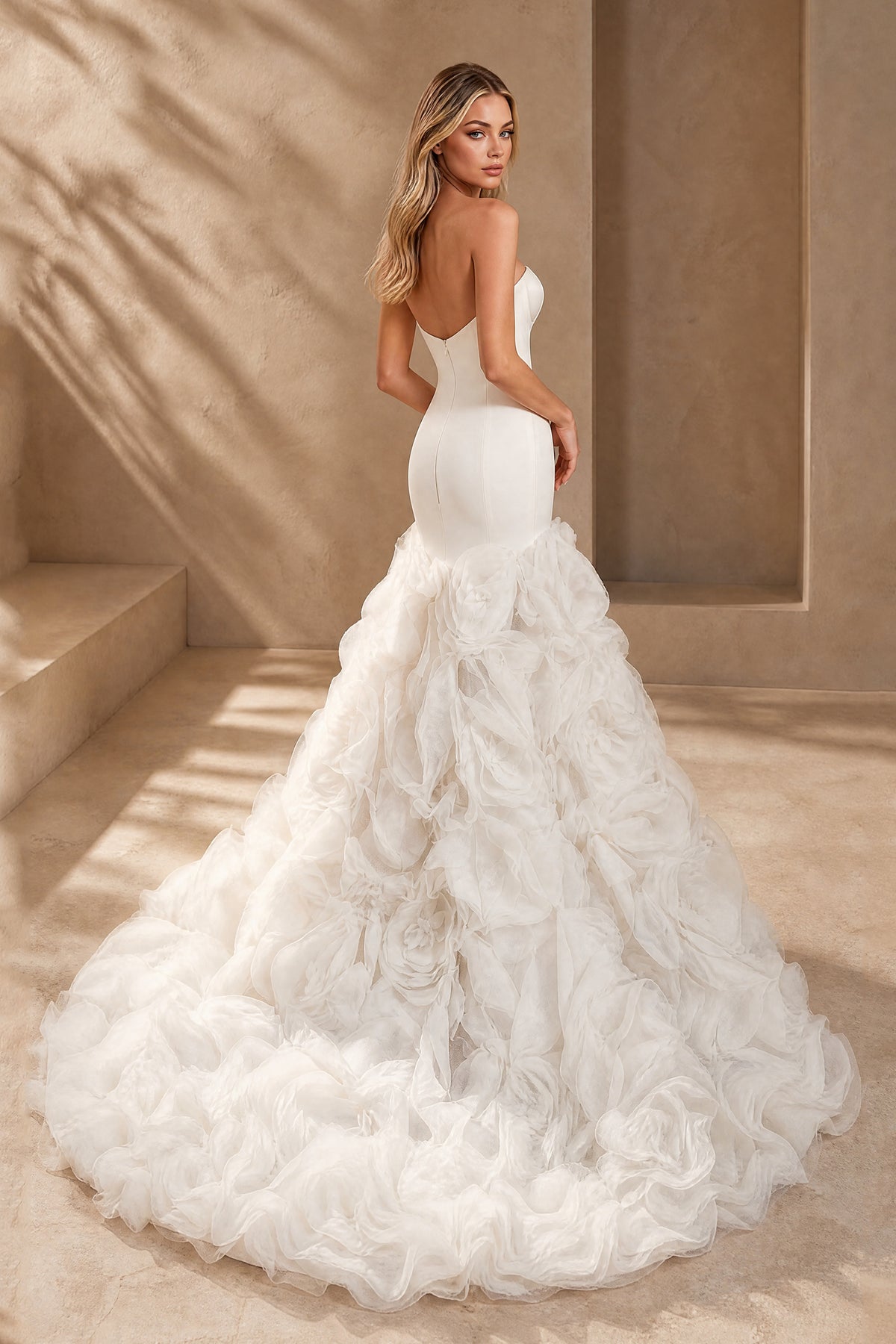 BOLODOO ivory satin wedding dress with open back and full layered ruffle train rear view