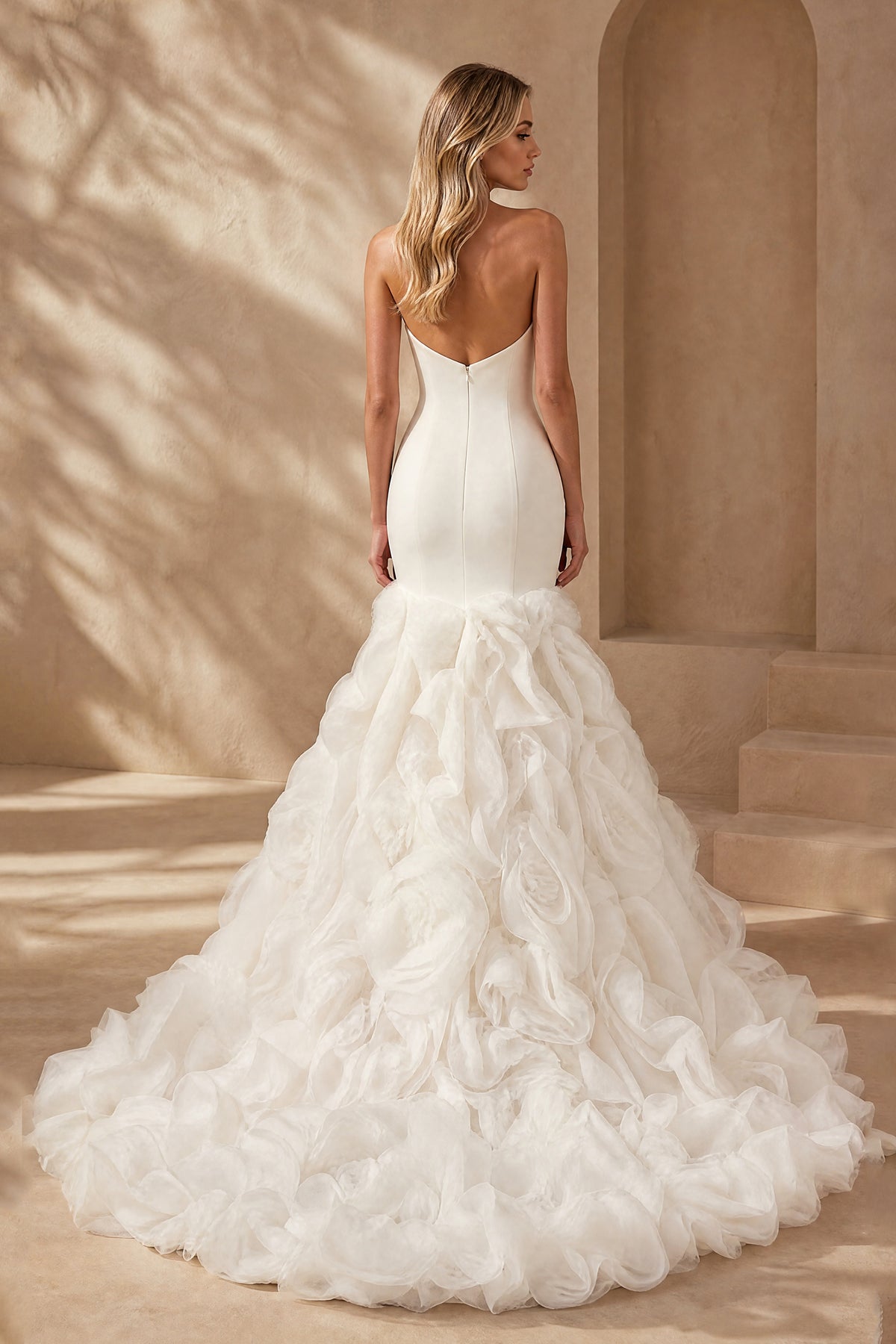BOLODOO ivory strapless satin mermaid wedding dress with layered ruffle train front view