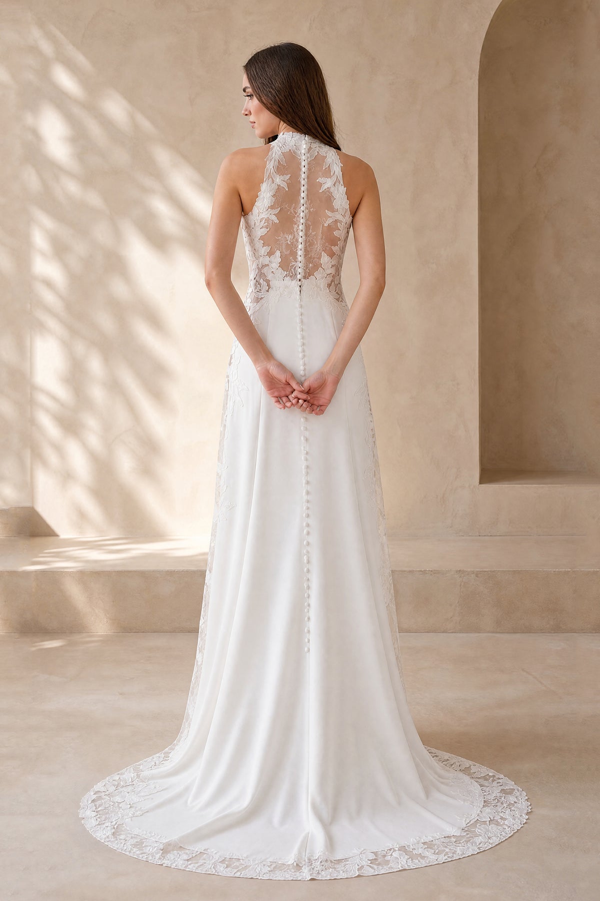 BOLODOO white high neck halter lace sheath wedding dress front view
