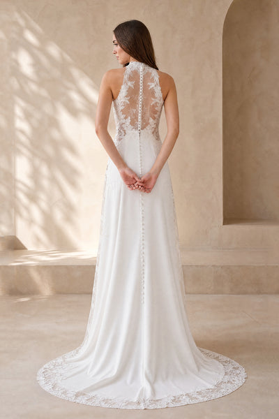 BOLODOO white high neck halter lace sheath wedding dress front view