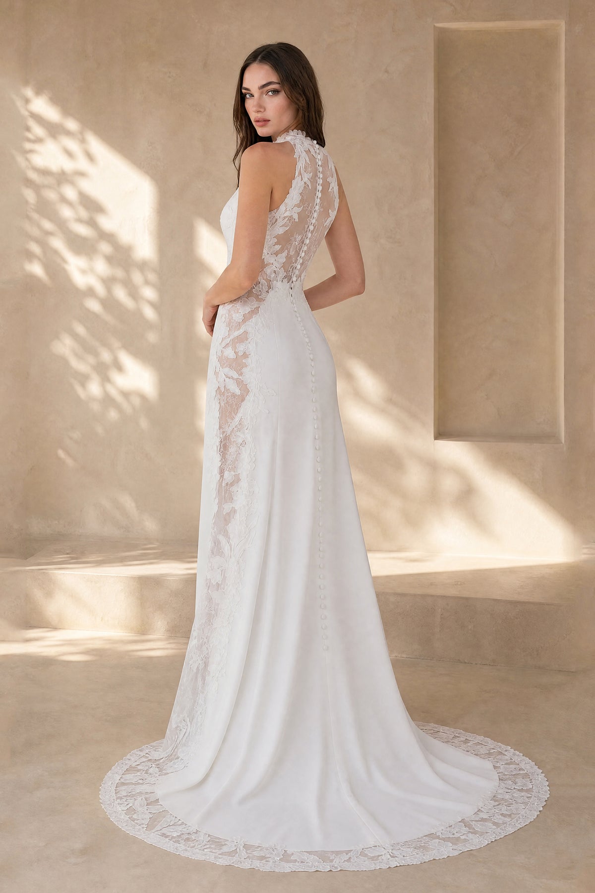 BOLODOO white sheath wedding dress with sheer lace keyhole back and covered buttons