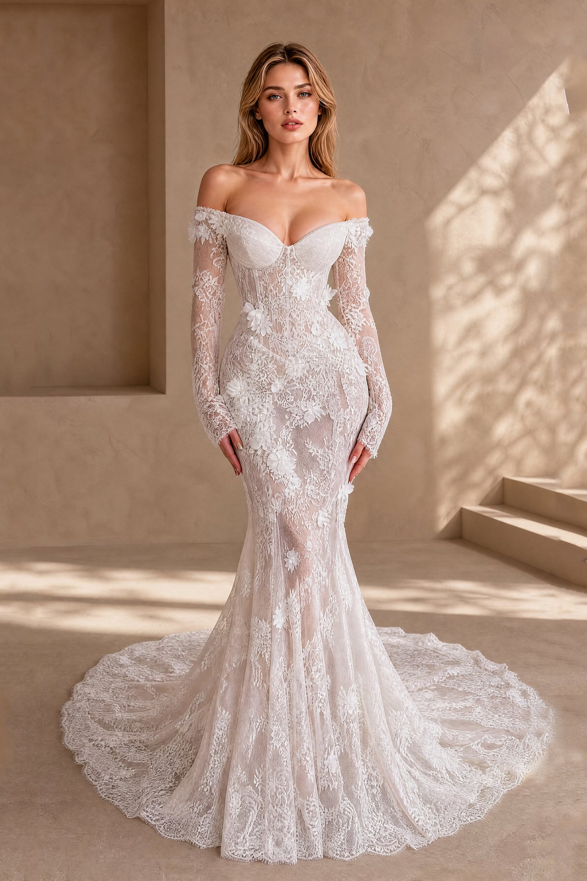 BOLODOO white off shoulder long sleeve lace mermaid wedding dress front view