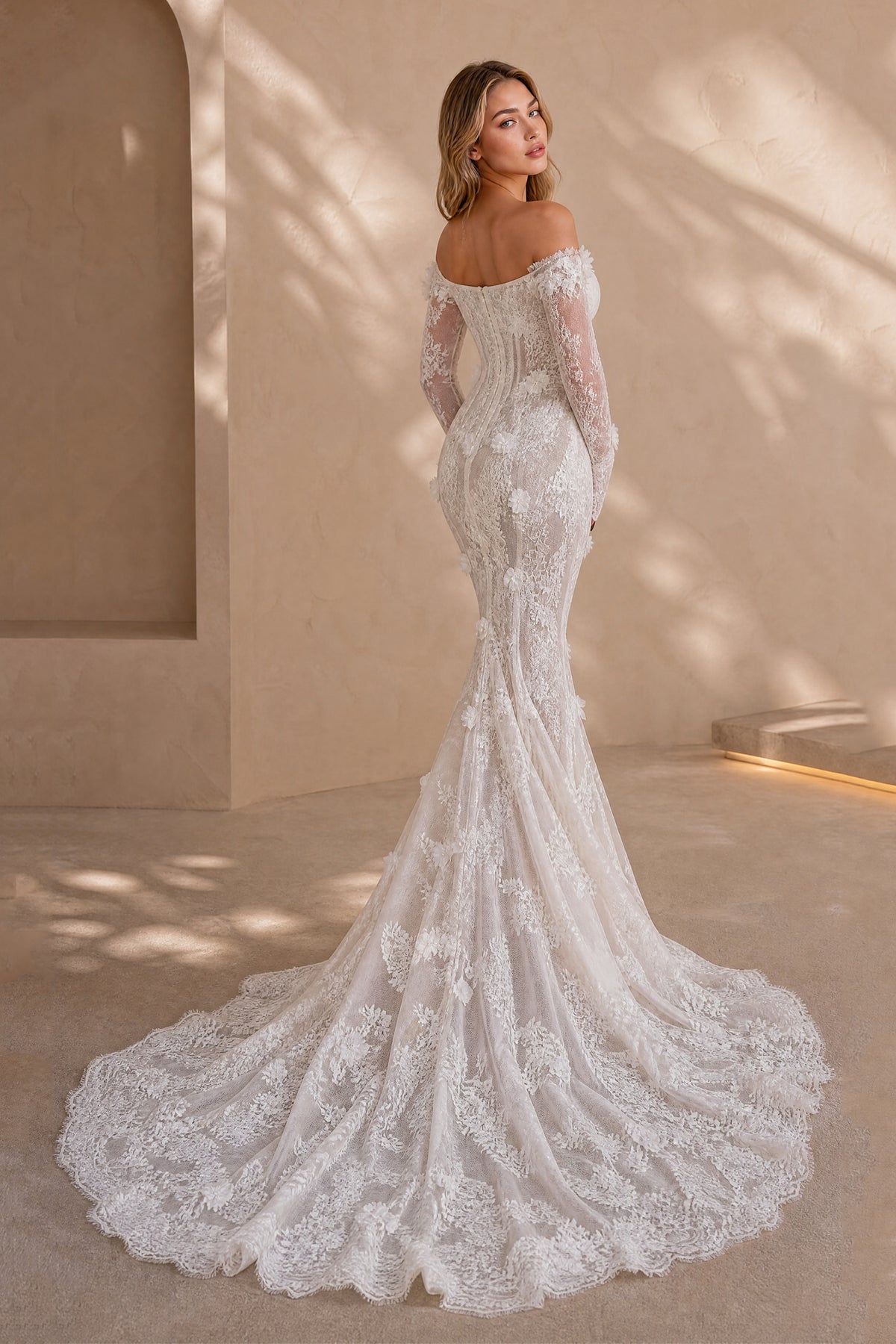 White floral lace mermaid bridal gown with off shoulder sweetheart neckline and long sleeves