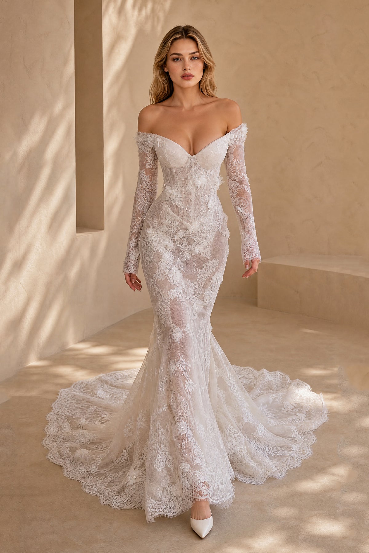BOLODOO white lace mermaid wedding dress with low off shoulder back and chapel train