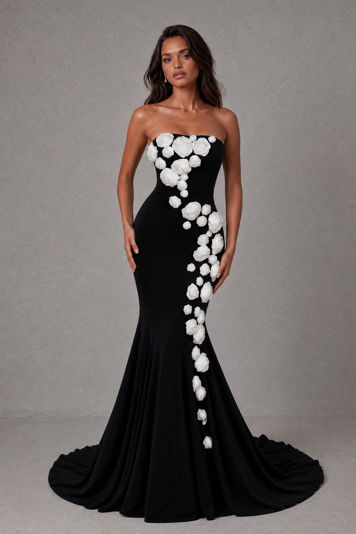 BOLODOO black strapless mermaid evening gown with white 3D floral applique front view