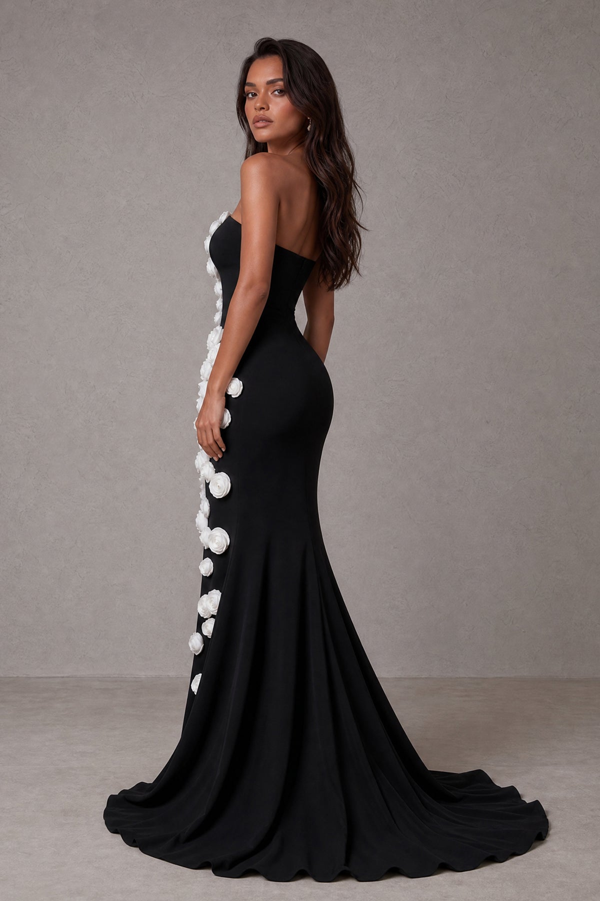BOLODOO black strapless floral mermaid evening gown with open upper back and train