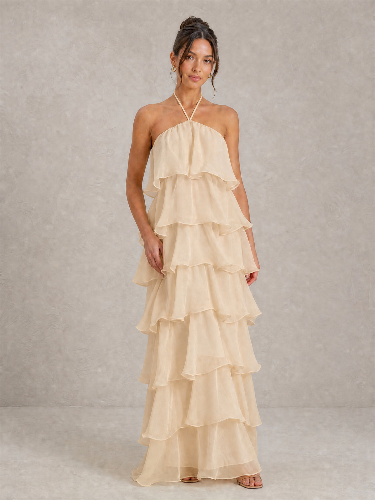 BOLODOO champagne tiered chiffon maxi dress with open back and halter tie