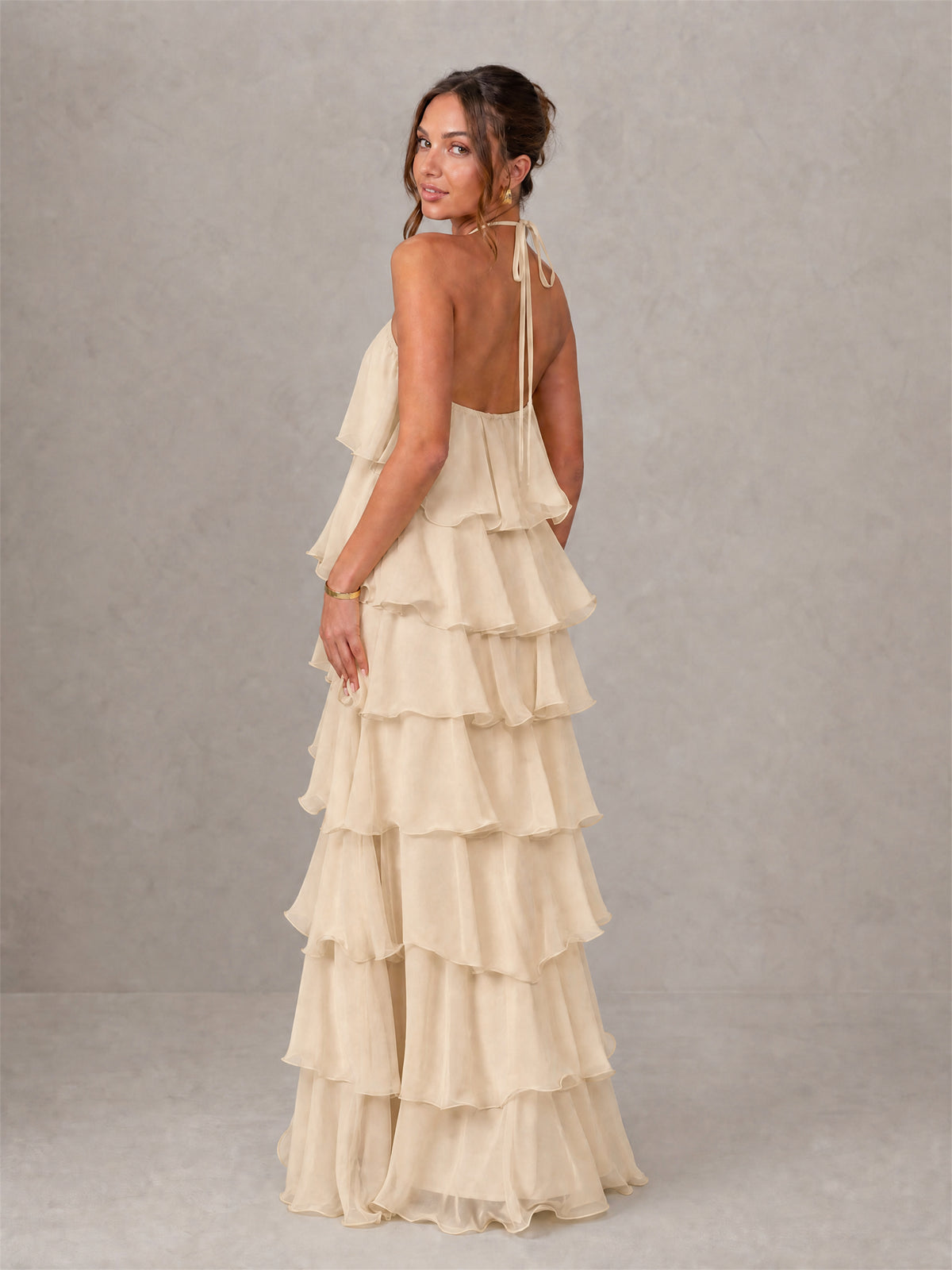 BOLODOO champagne halter tiered ruffle chiffon maxi dress front walking view