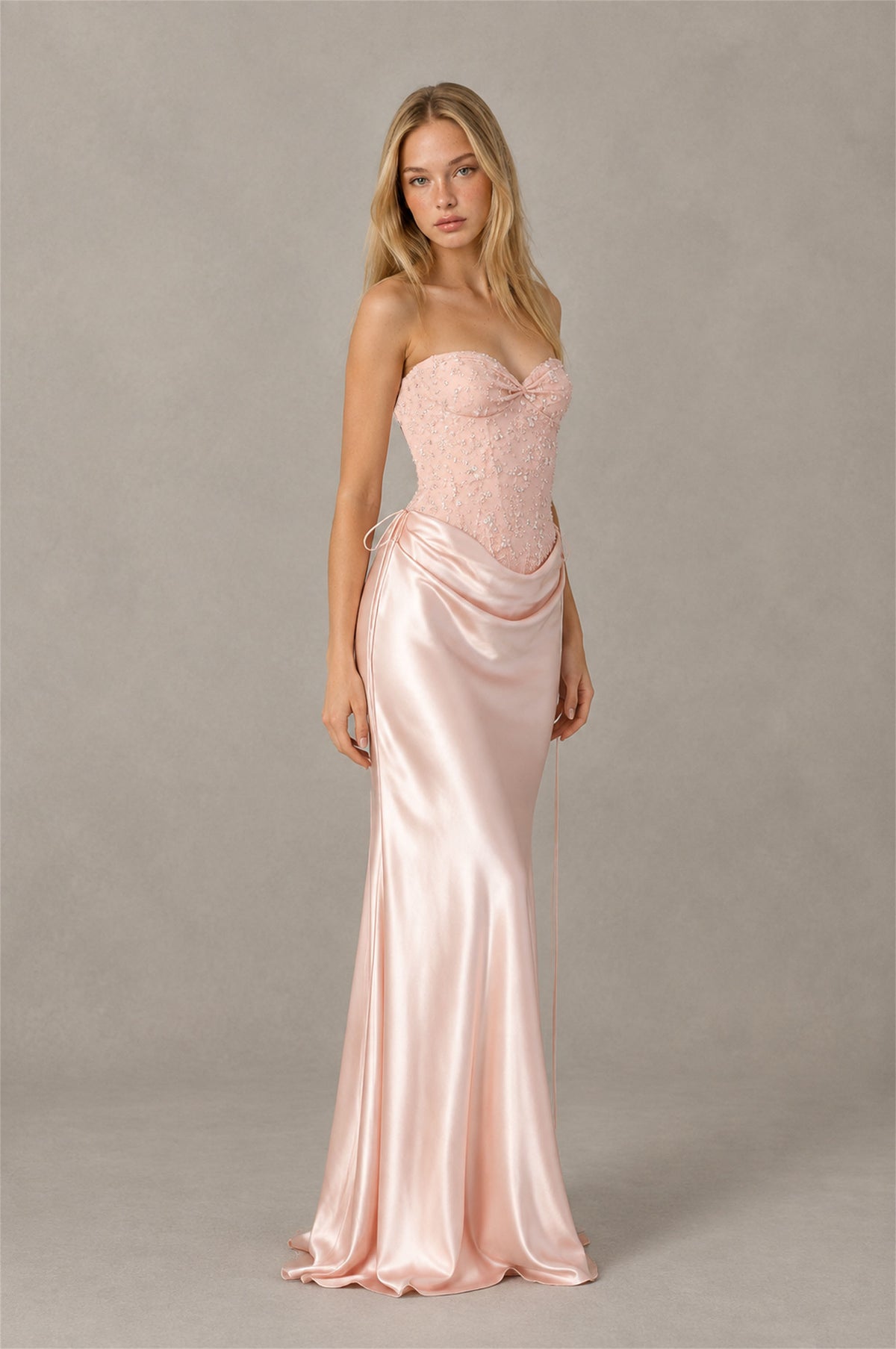 BOLODOO Blush Pink Strapless Embellished Corset Satin-Look Maxi Dress 
