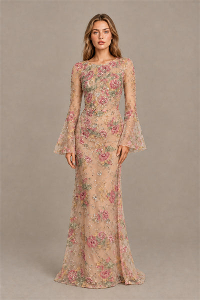 BOLODOO champagne floral embroidered tulle mermaid gown with long bell sleeves, full front view