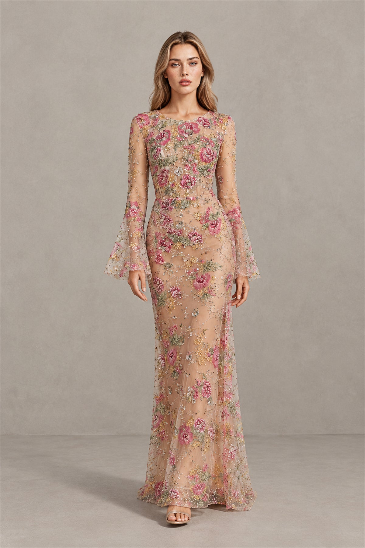 BOLODOO champagne floor-length floral gown, walking front view showing fitted silhouette