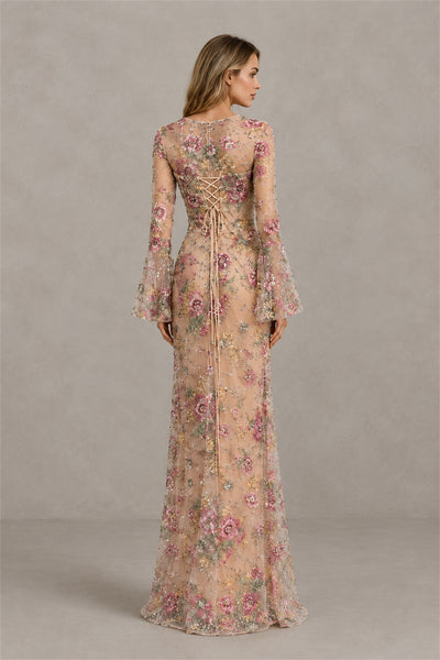 Back view of BOLODOO champagne floral gown showing illusion upper back and lace-up bodice