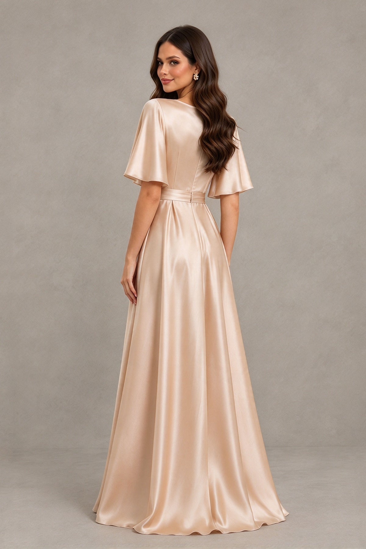 BOLODOO BX0203 champagne satin bridesmaid dress back view with covered back and flutter sleeves
