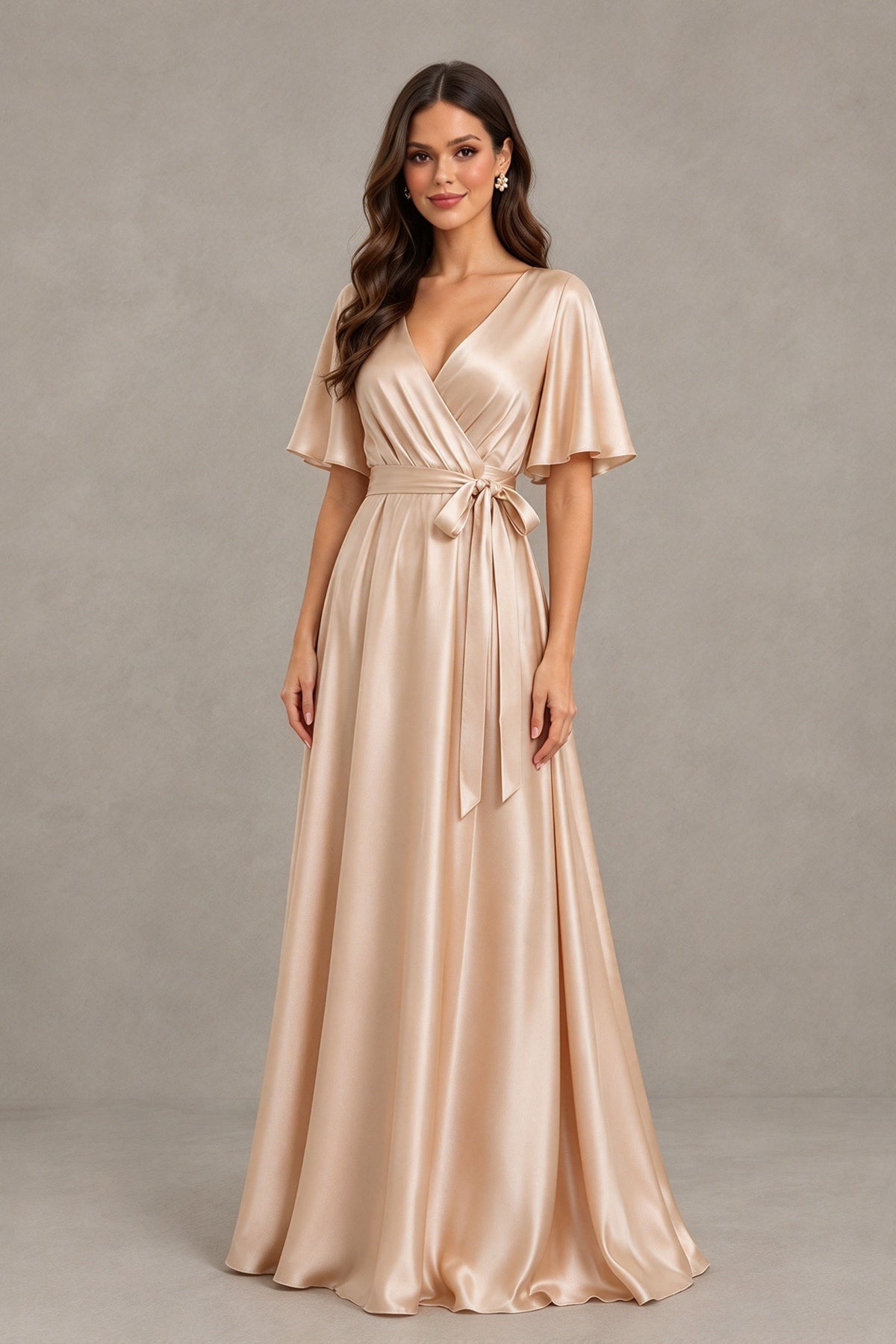 Champagne satin floor-length A-line dress with crossover bodice and side tie waist, full front view