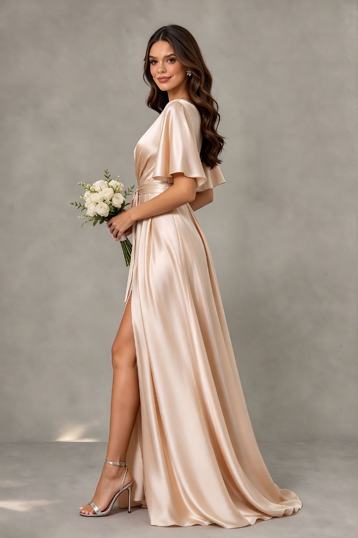 BOLODOO champagne flutter sleeve gown side view showing high front slit and flowing satin skirt