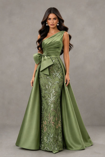 BOLODOO BX0210 sage green one shoulder satin mermaid evening gown full front view with waist bow