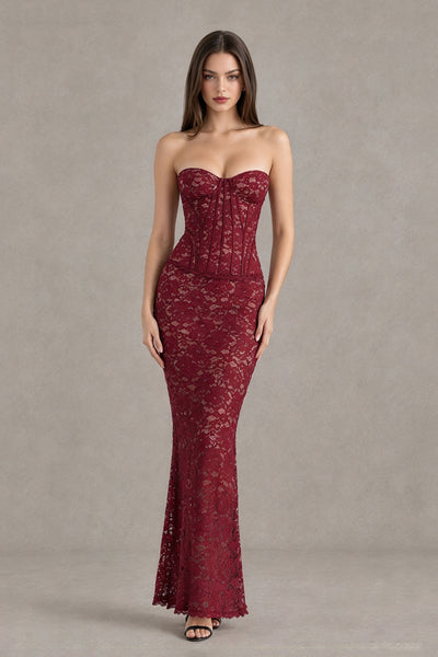 BOLODOO Burgundy Strapless Lace Corset Wedding Guest Dress 