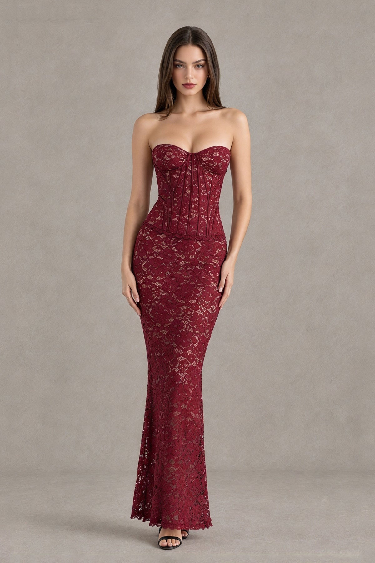 BOLODOO Burgundy Strapless Lace Corset Wedding Guest Dress 