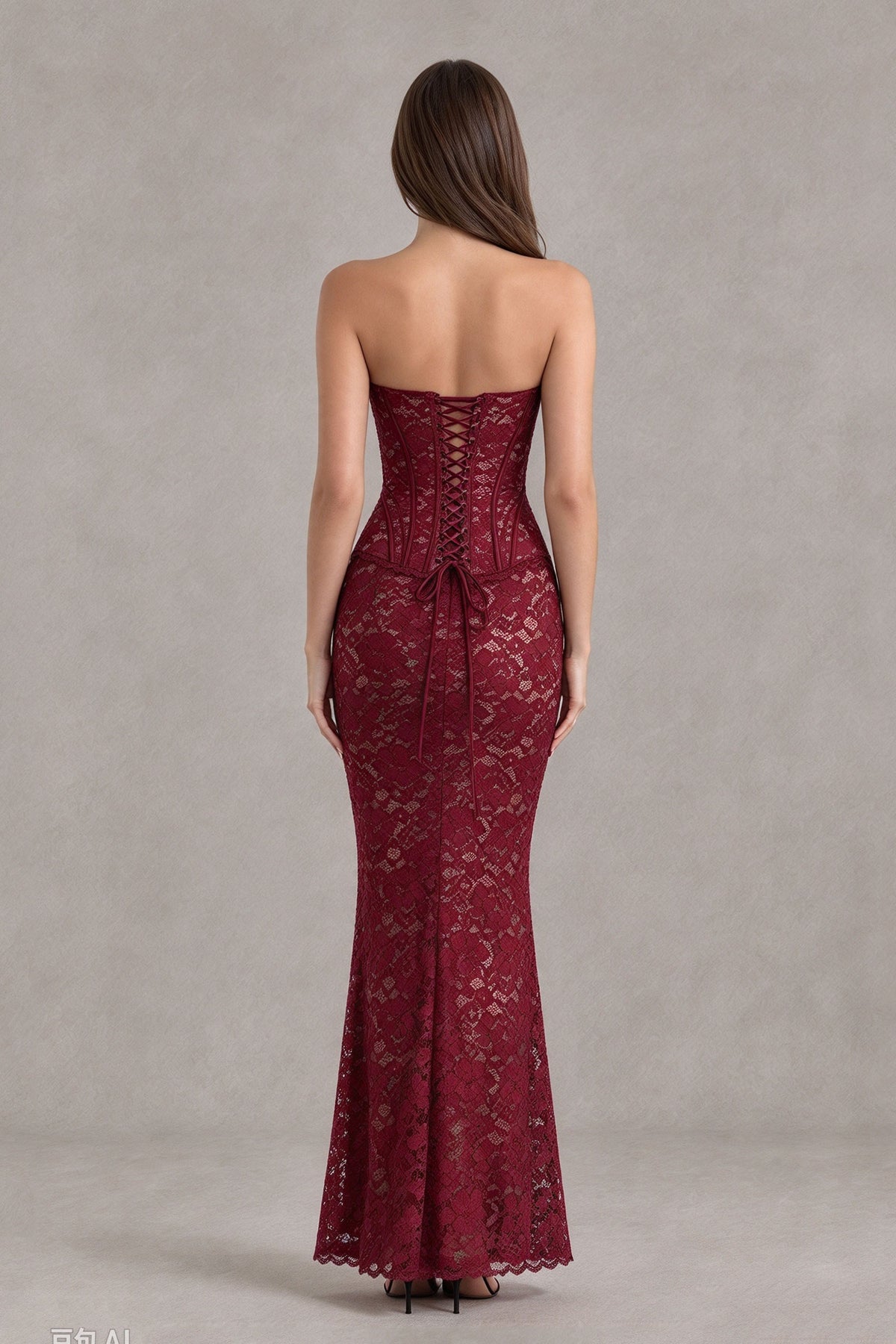 BOLODOO Burgundy Strapless Lace Corset Wedding Guest Dress 