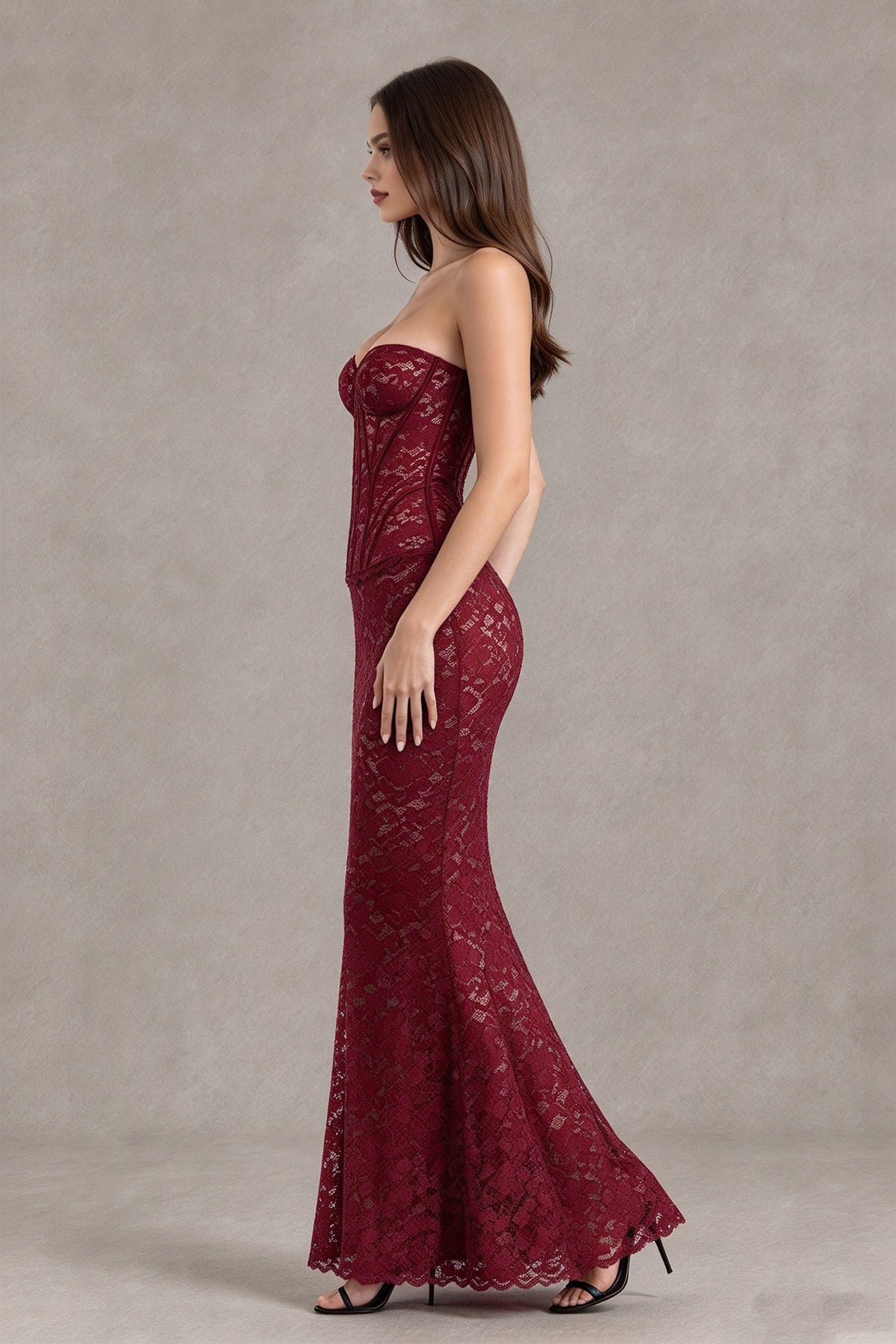 BOLODOO Burgundy Strapless Lace Corset Wedding Guest Dress 