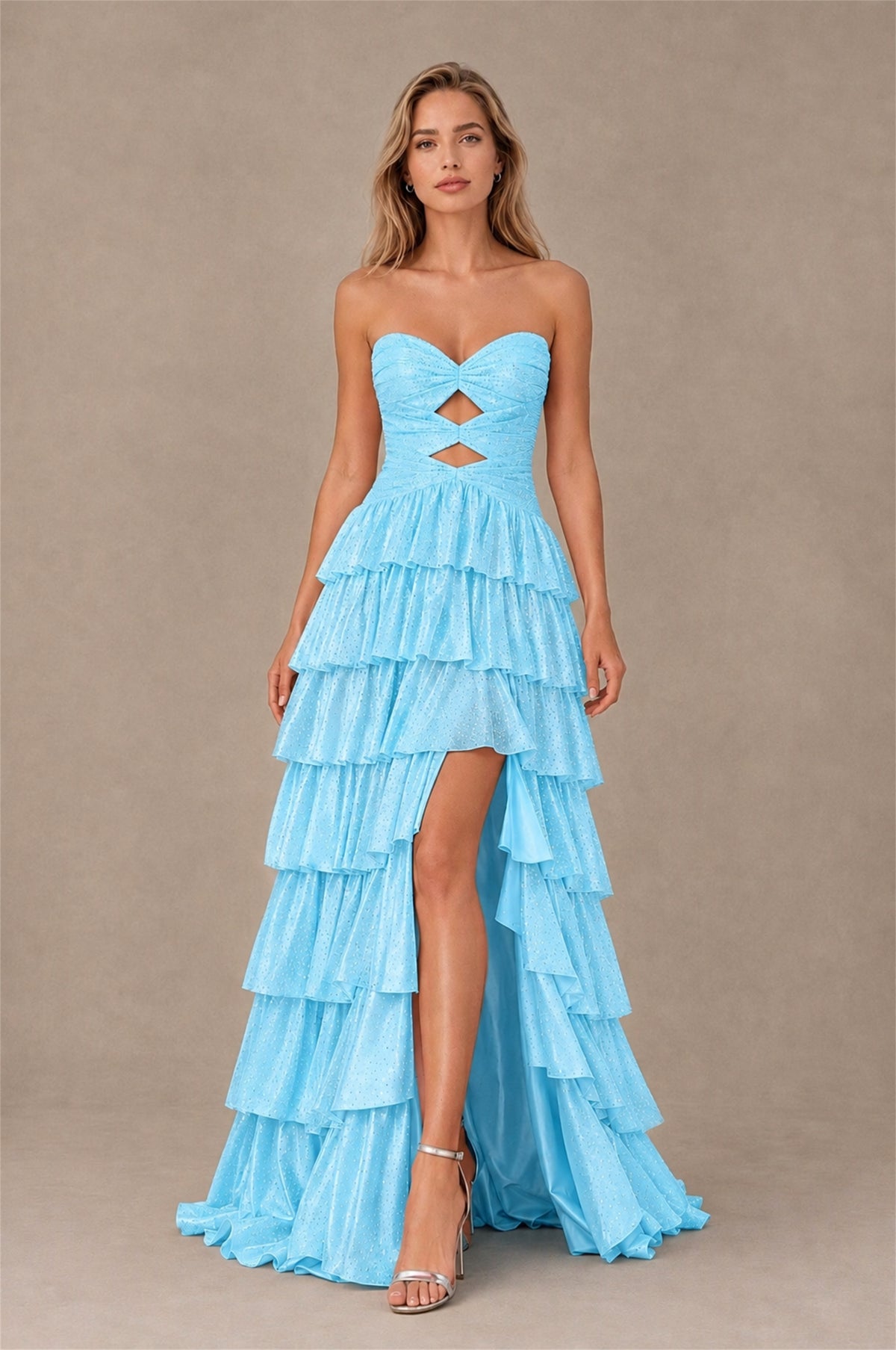 BOLODOO Baby Blue Strapless Cutout Tiered Ruffle Prom Dress with High Slit - Baby Blue - Baby Blue (1)