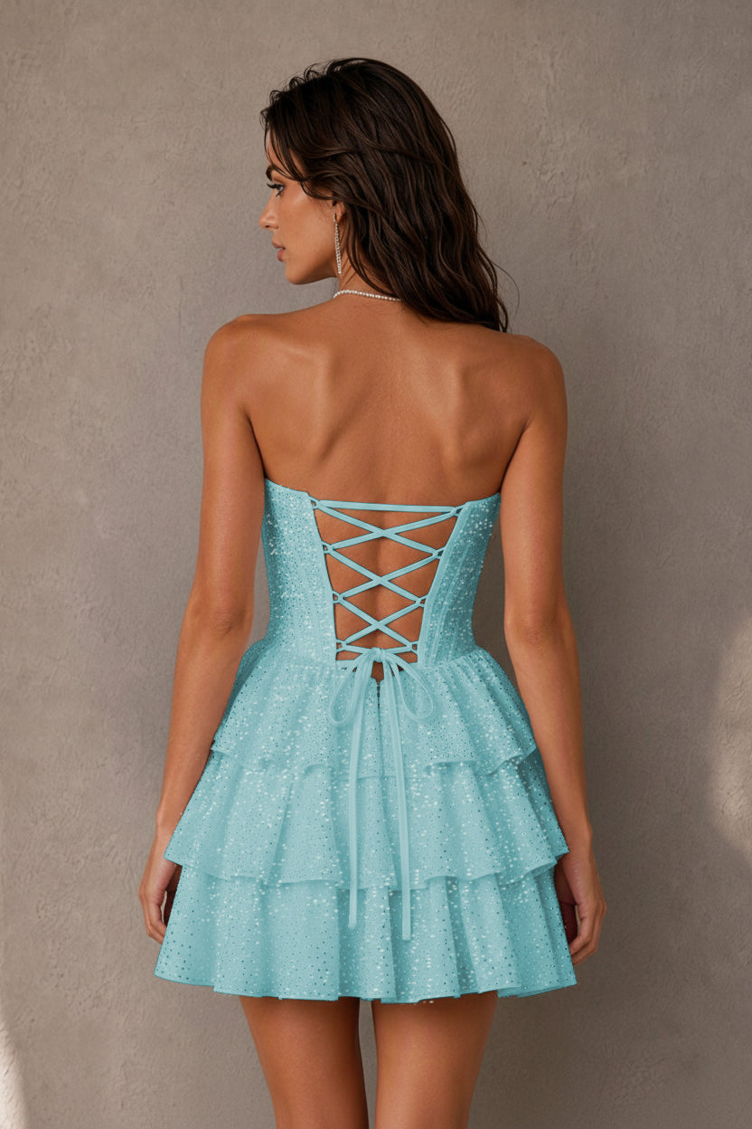 BOLODOO Navy Rhinestone Strapless Corset Tiered Ruffle Lace-Up Back Homecoming Mini Dress - Baby Blue - Baby Blue
