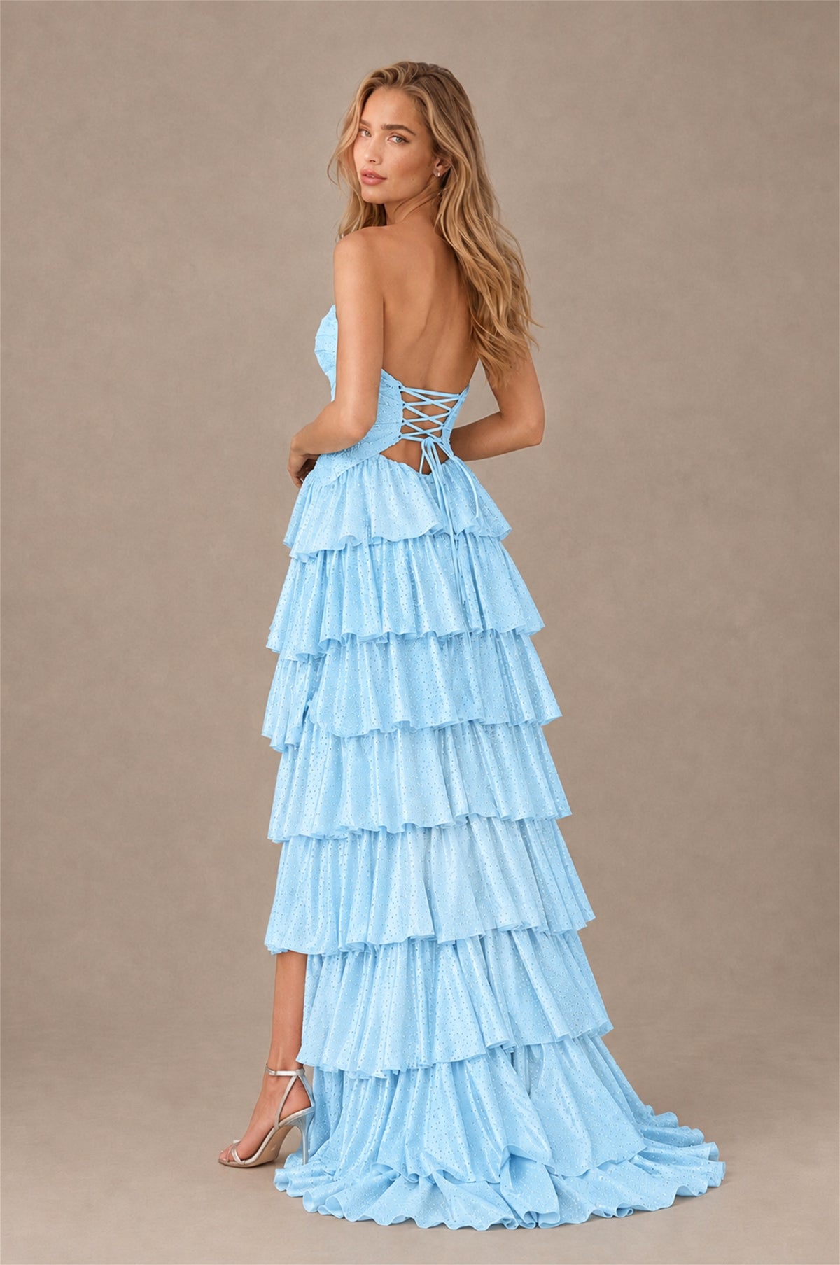 BOLODOO Baby Blue Strapless Cutout Tiered Ruffle Prom Dress with High Slit - Baby Blue - Baby Blue (2)