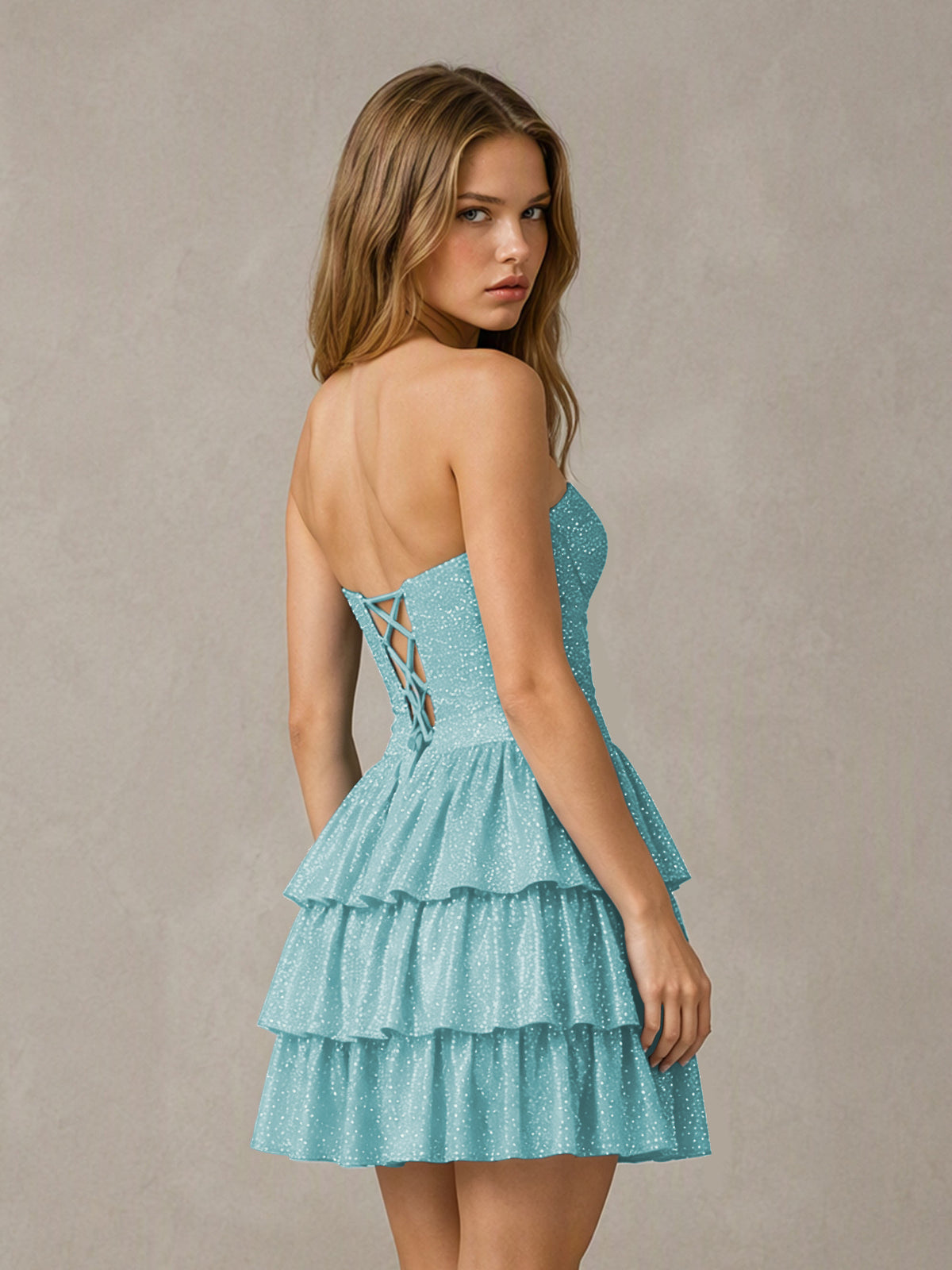 BOLODOO Baby Blue Strapless Sweetheart Cutout Glitter Tiered Ruffle Mini Dress | Lace-Up Back Corset - Baby Blue