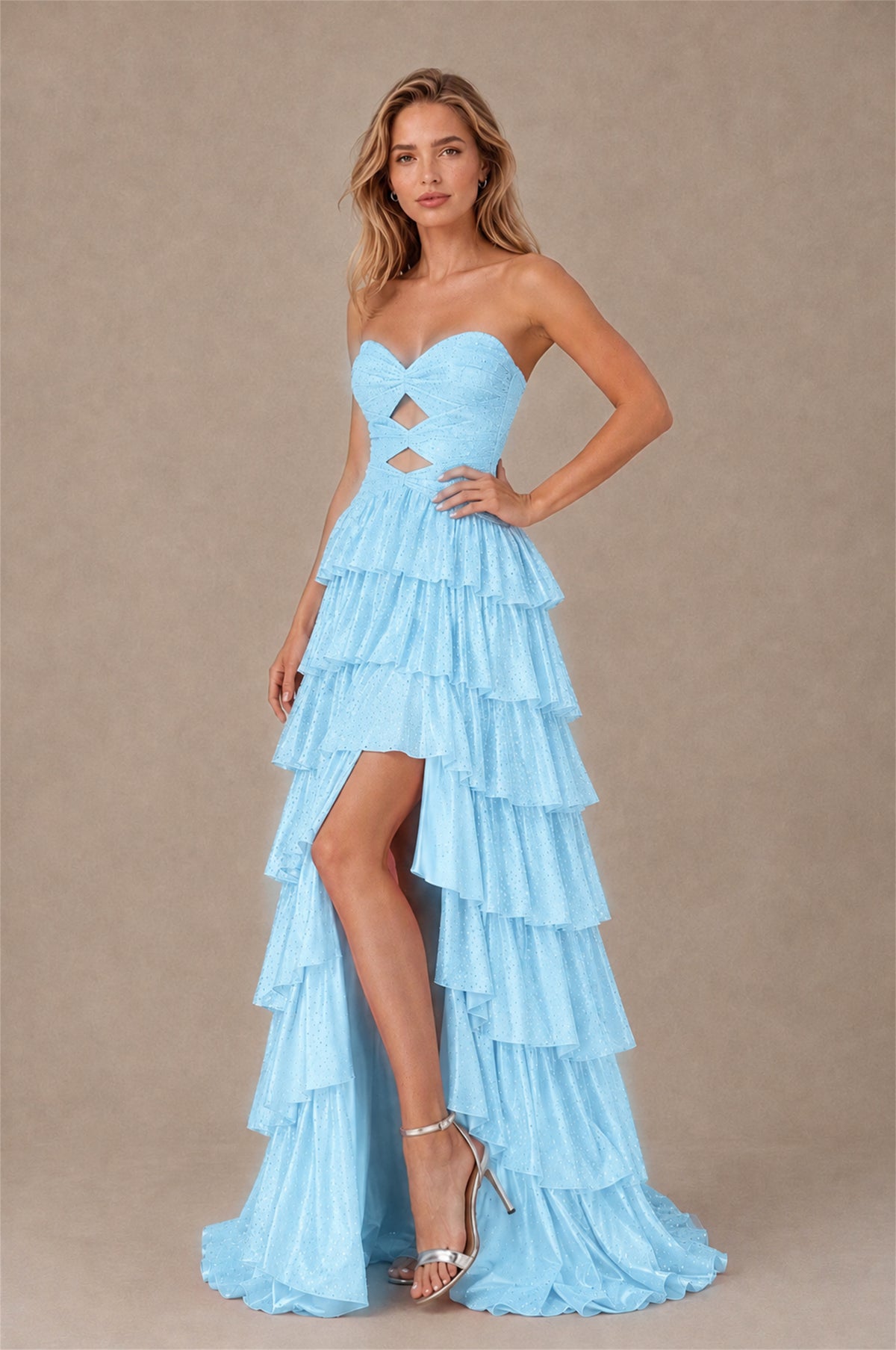 BOLODOO Baby Blue Strapless Cutout Tiered Ruffle Prom Dress with High Slit - Baby Blue - Baby Blue (3)